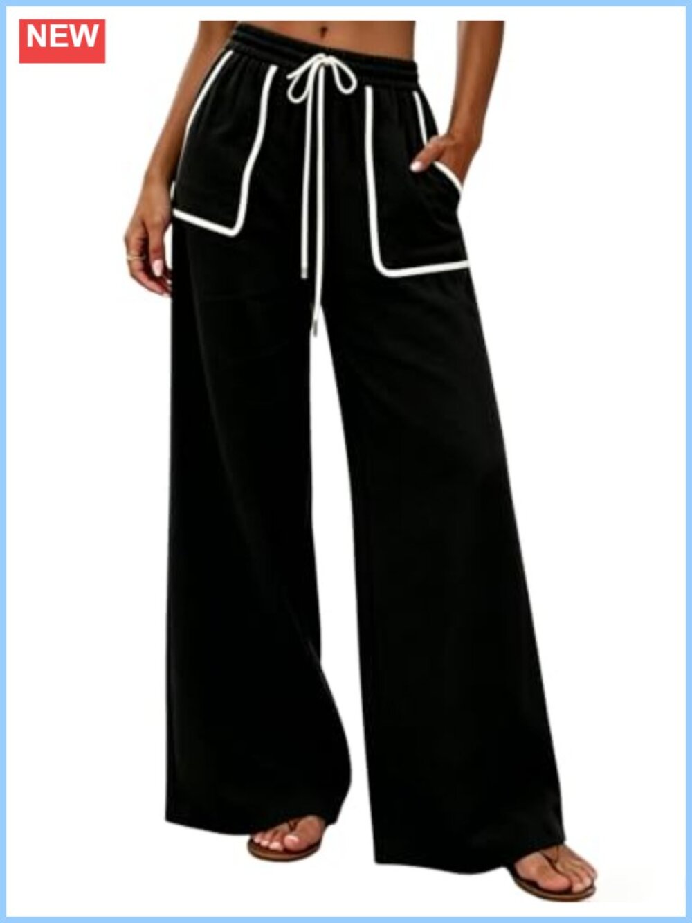 Wide Leg Drawstring Pants with Contrast Piping - Black